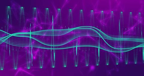 Undulating teal-cyan dotted waveform flowing across purple network with vertical spikes