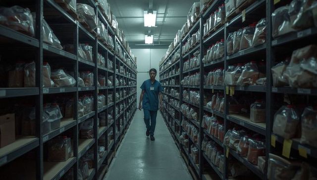 Walking nurse in blue scrubs through biobank aisle with labeled specimen bags