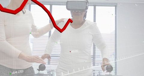 Virtual reality balance therapy with clinician guidance, motion rails and analytics overlay