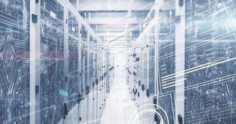 Futuristic Data Center Aisle with Racked Servers and Digital HUD Network Overlays