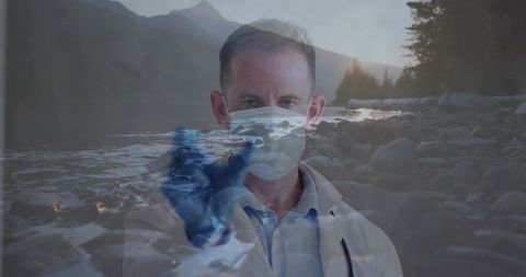 Masked doctor in nature emphasizes environmental health