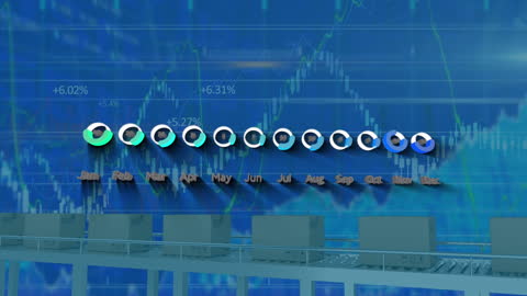 This visuals depict dynamic financial graphs moving against a blue digital interface, representing financial and economic statistics. Ideal for presentations on stock market analysis, economic trends, business strategy, and digital analytics tool demonstration.