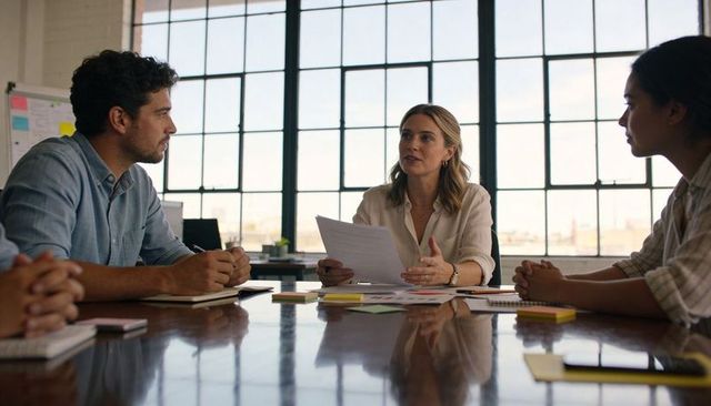 Leading team meeting presenting project plans with papers in sunlit modern boardroom