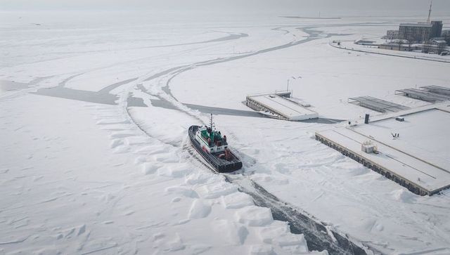 Icebreaking tugboat cutting frozen harbor channel, aerial winter maritime industry scene