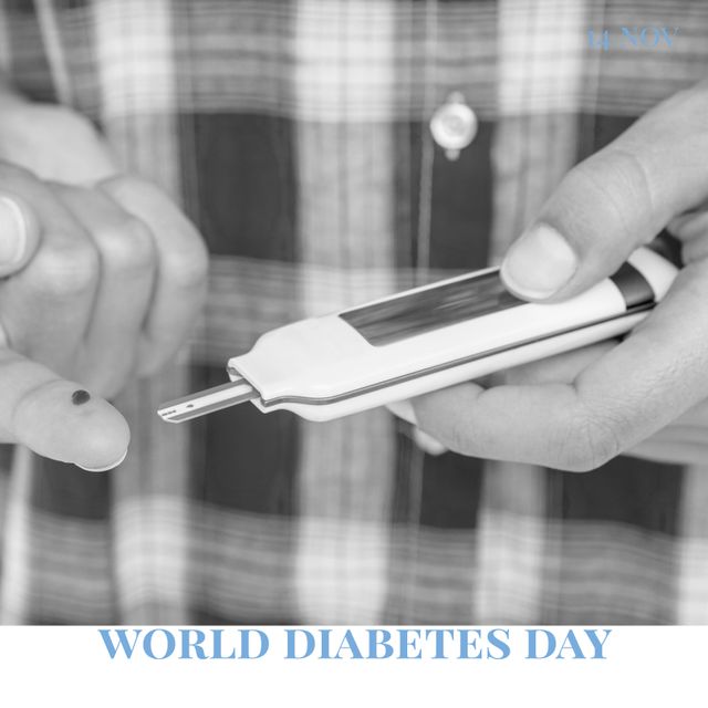 Composite of world diabetes day text over midsection of man examining sugar with glucometer. Blood, hand, sugar, disease, healthcare, campaign, awareness and prevention concept.