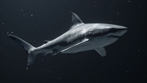 Gliding requiem shark swimming in deep ocean depths showing scars, dorsal fin and teeth