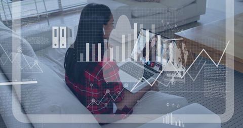 Woman Convening Virtual Meeting with Business Digital Overlay