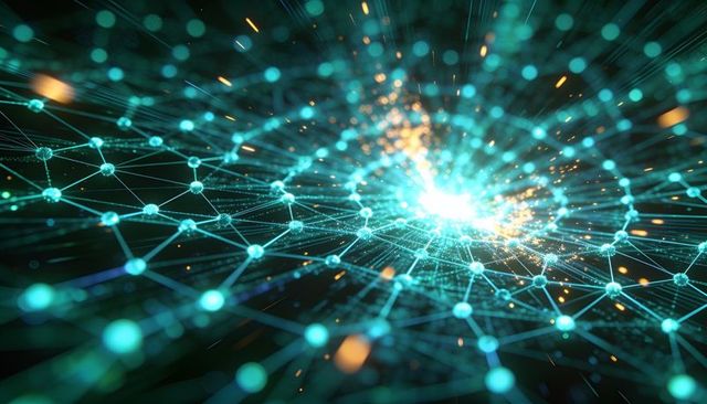 Radiating neural network core with teal nodes and golden sparks digital technology concept
