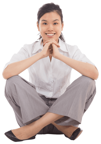 Smiling Businesswoman Sitting Cross-Legged on Transparent Background