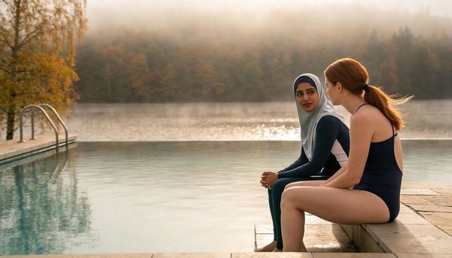 Lakeside chatting between muslim woman in hijab and friend by misty autumn pool