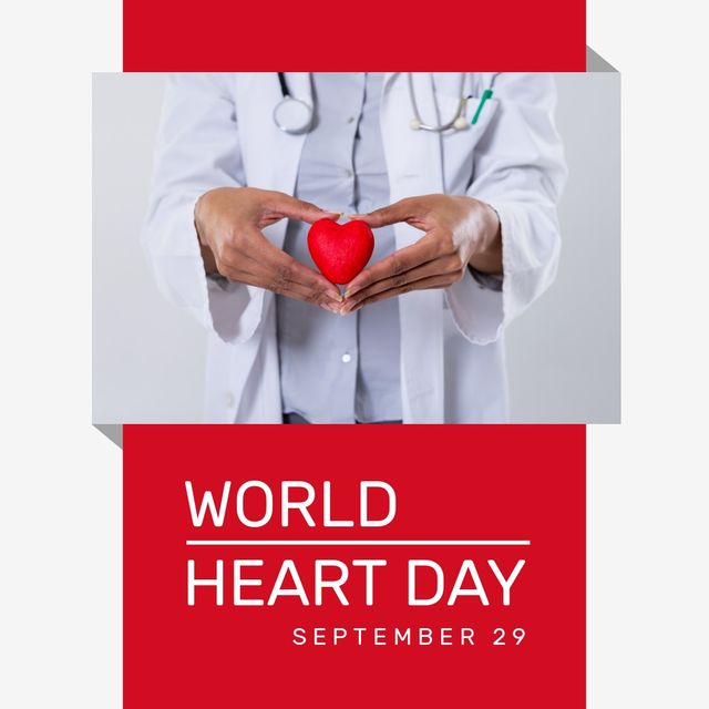 World heart day text and mid section of a male doctor holding a red heart against grey background. World heart day awareness concept