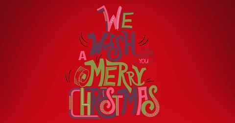 Colorful We Wish You Merry Christmas Text on Red Background