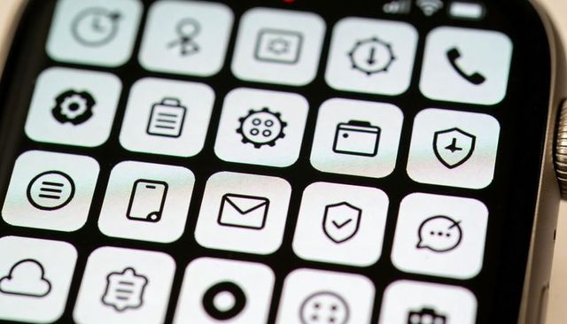 Displaying smartwatch home grid with monochrome glyph app icons and visible digital crown