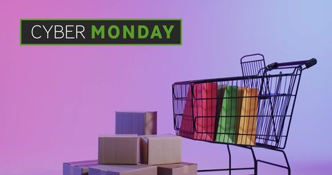 Cyber Monday Shopping with Cart and Packages Marketing Banner - Download Free Stock Images Pikwizard.com