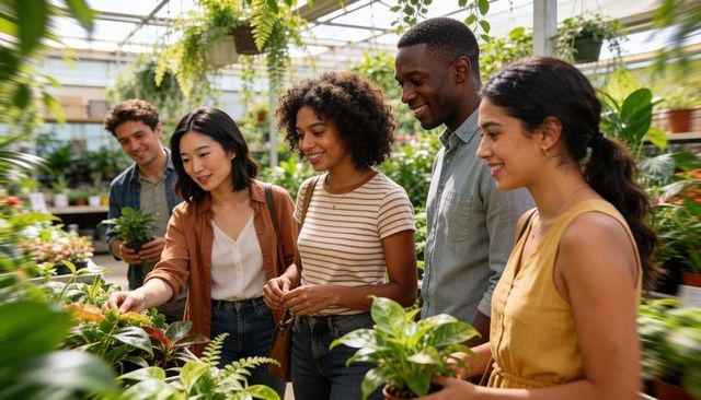 Friends exploring greenhouse plant nursery, selecting houseplants and sharing gardening tips
