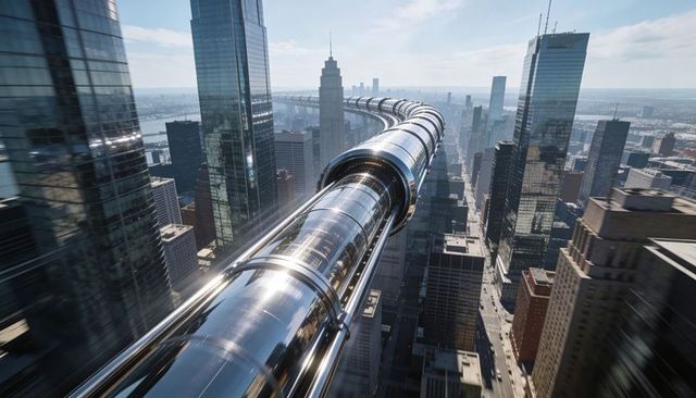 Glinting Transparent Elevated Transit Tube Curving Through Downtown Glass Tower Skyline