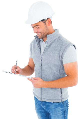 smiling manual worker in hard hat holding clipboard on transparent background - Download Free Stock Videos Pikwizard.com