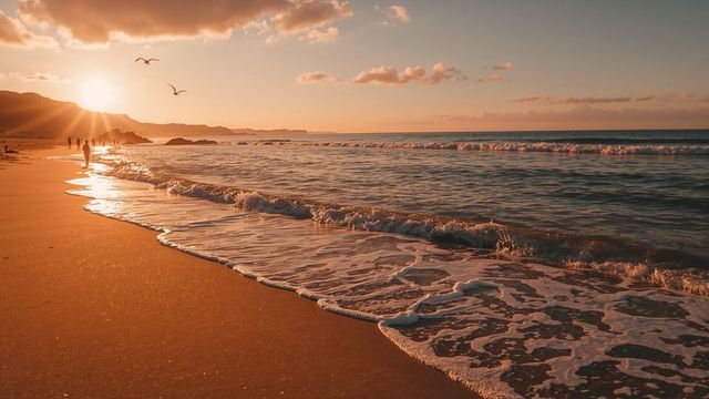 Serene Beach Sunset with Gentle Waves and Seabirds