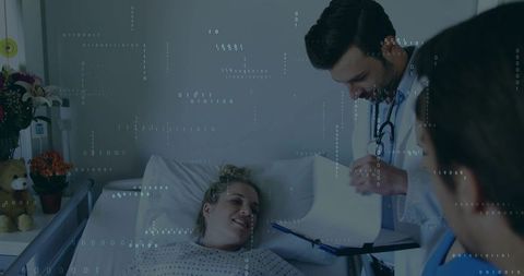 Smiling patient resting on hospital bed while doctor reviewing chart