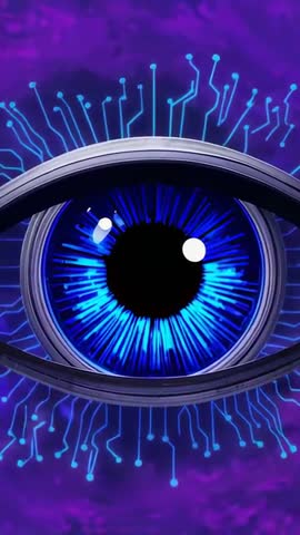 Pulsing Cyber Eye Scanning Neon Nebula with Circuitry Iris Vertical Video Loop