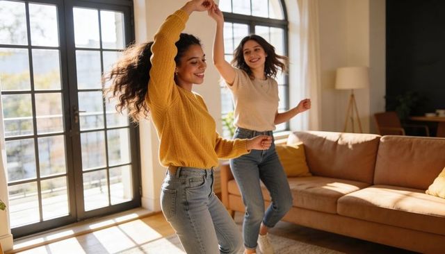 Friends dancing and laughing in sunlit living room with glass doors, cozy sofa