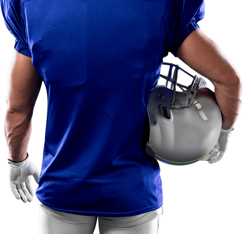 Football player in blue jersey holding helmet transparent background