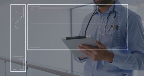 Doctor Using Tablet with Holographic Interface in Hospital Corridor