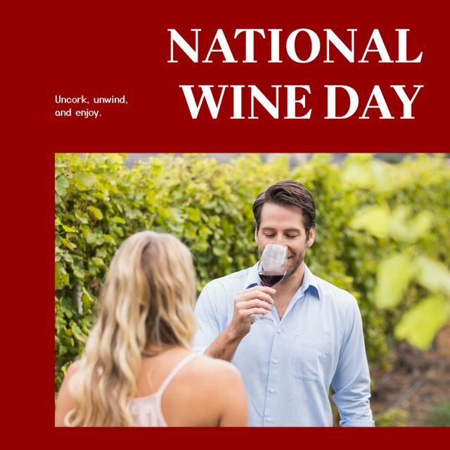 Caucasian Couple Celebrating National Wine Day in Vineyard - Download Free Stock Templates Pikwizard.com