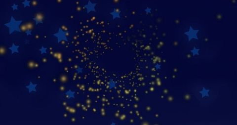 Swirling golden particle vortex on deep navy blue with twinkling stars and bokeh