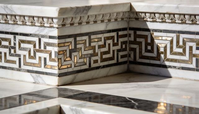 Ornate marble plinth corner featuring geometric mosaic band, gilded inlay, carved cornice