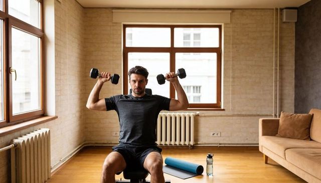 Man pressing dumbbells on bench in sunlit living room for home strength training