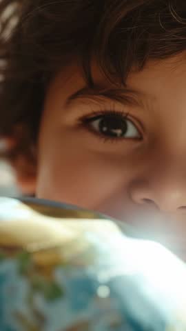 Curious boy peering while rotating globe at desk vertical video learning and exploration