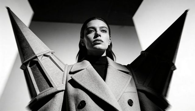 Architectural couture: model wearing sculptural spire-shoulder double-breasted coat monochrome