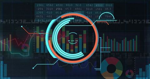Neon Futuristic Data Dashboard with Central HUD Ring Visualizing Analytics and Metrics