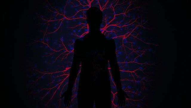 Silhouette radiating luminescent red and blue neural vascular network from chest