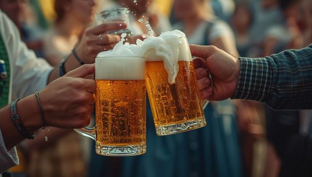 Friends Toasting Beer Mugs in Bavarian Attire at Festive Celebration