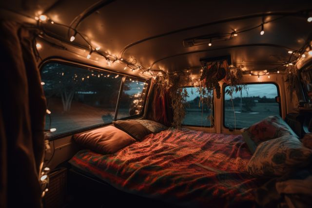 Camper van interior adorned with string lights creating a cozy and inviting atmosphere ideal for evening relaxation. Suitable for blogs about van life, travel adventures, and outdoor living inspirations. Perfect for illustrating themes of freedom, exploration, and minimalist lifestyles.