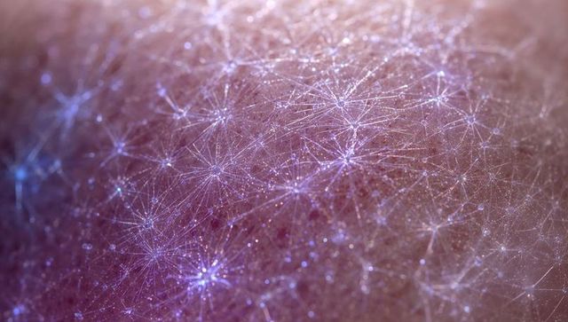 Macro iridescent skin texture with pearly crystals and fine filaments glowing