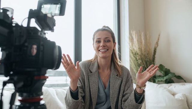 Smiling creator filming lifestyle vlog on sunlit sofa by window, blazer and cross pendant