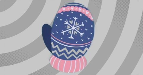 Navy blue winter mitten with pink cuff and snowflake motif