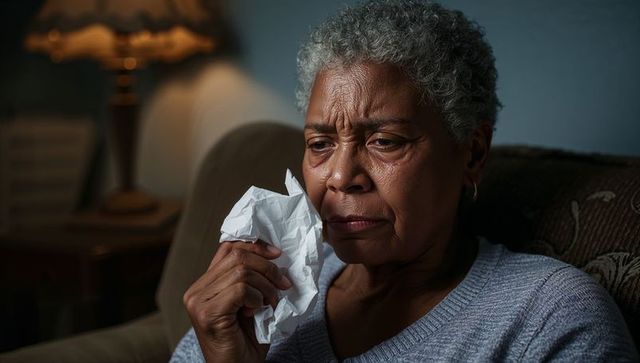 Senior woman wiping tears with crumpled tissue on sofa by lamp at home, quiet solitude