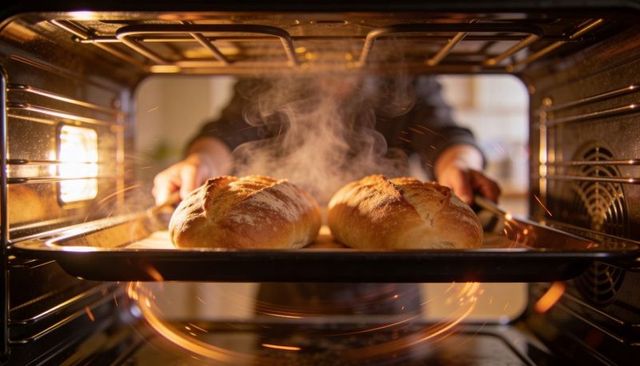 Home cook pulling steaming artisanal loaves baking in oven on tray warm kitchen glow