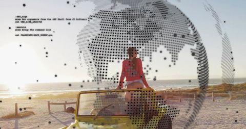 Woman sitting on yellow convertible at sunset beach with dotted-globe digital overlay