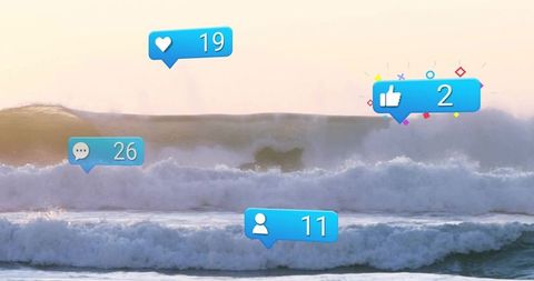 Surfer in wetsuit on ocean waves with social media icons