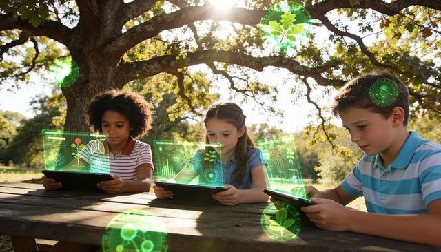 Children exploring augmented reality plant science on tablets outdoors under oak tree