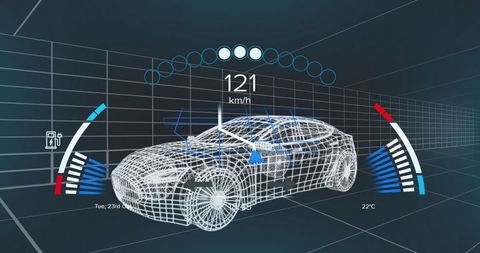 Futuristic Wireframe Car Model with Digital Interface Elements
