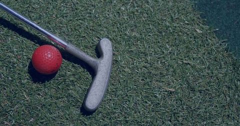 Golf Putter and Red Ball on Green with Synthetic Turf