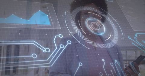 Business Woman Analyzing Holographic Interface in Modern Office