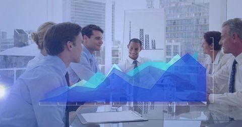 Business Meeting with Data Visualization Overlay in Modern Office