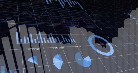 Futuristic 3D Financial Dashboard Showing Bar, Pie and Line Graphs on Tilted Grid